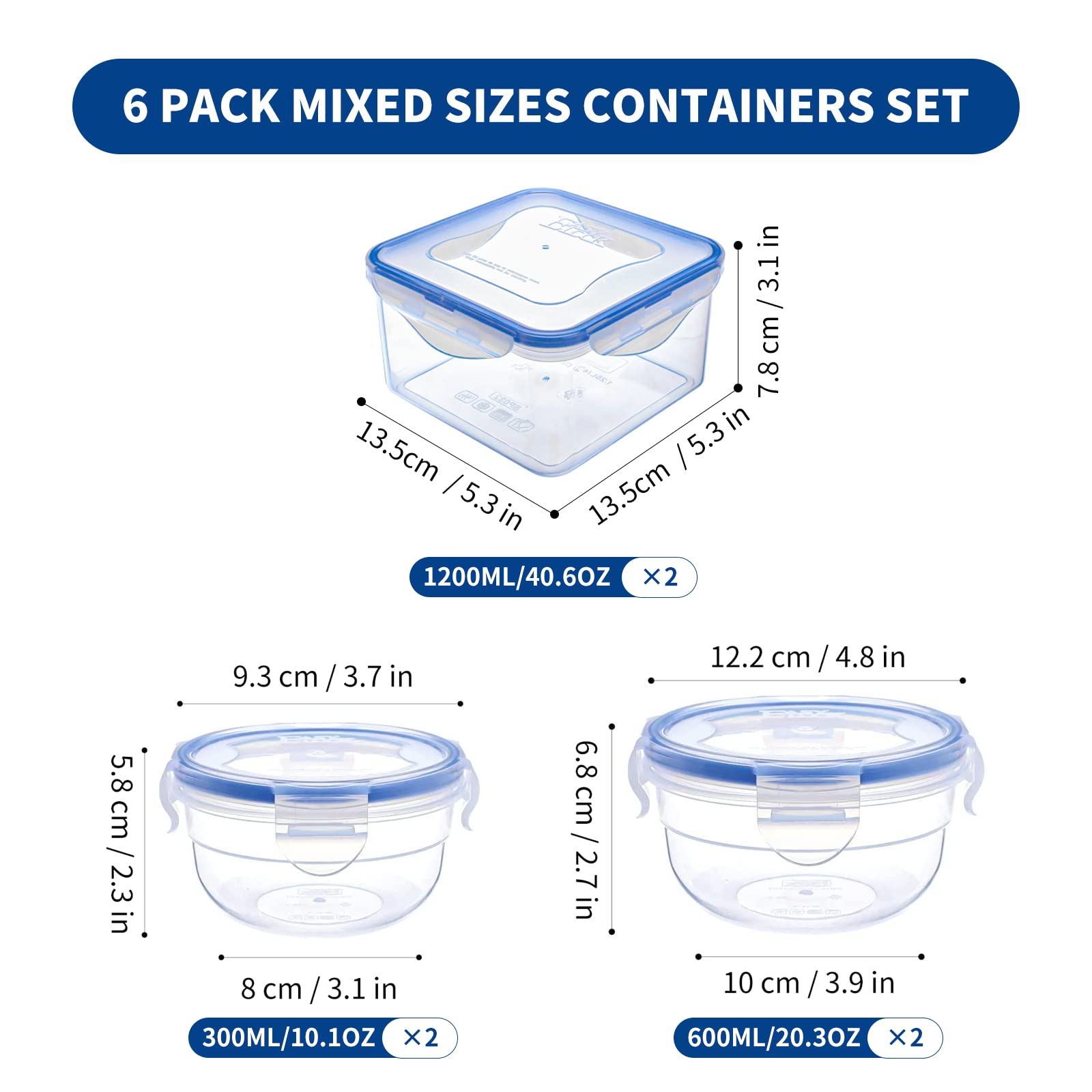 KIGI [6 PACK] 42.3OZ/10.1OZ/20.3OZ Square Plastic Food Storage Containers and Round Nested Mixing Bowls Set Freeze Meal Prep and Leftovers Container