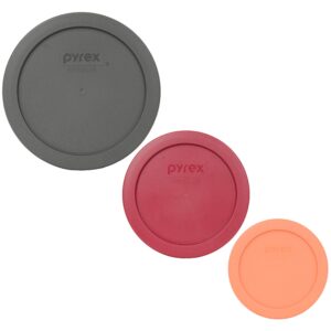 pyrex (1) 7201-pc puddle gray & (1) 7200-pc berry red & (1) 7202-pc bahama sunset orange round plastic food storage replacement lids, made in usa