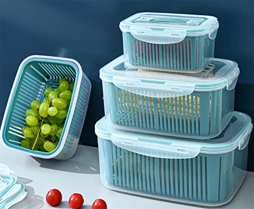 Fruit Storage Containers for Fridge, 5 Sizes, with Drain Basket and Lid, Suitable for Kitchen, Refrigerator Fruit and Vegetable Storage,XL/5800ML