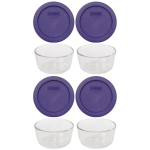 pyrex (4 7202 glass bowls & (4) 7202-pc plum purple lids made in the usa
