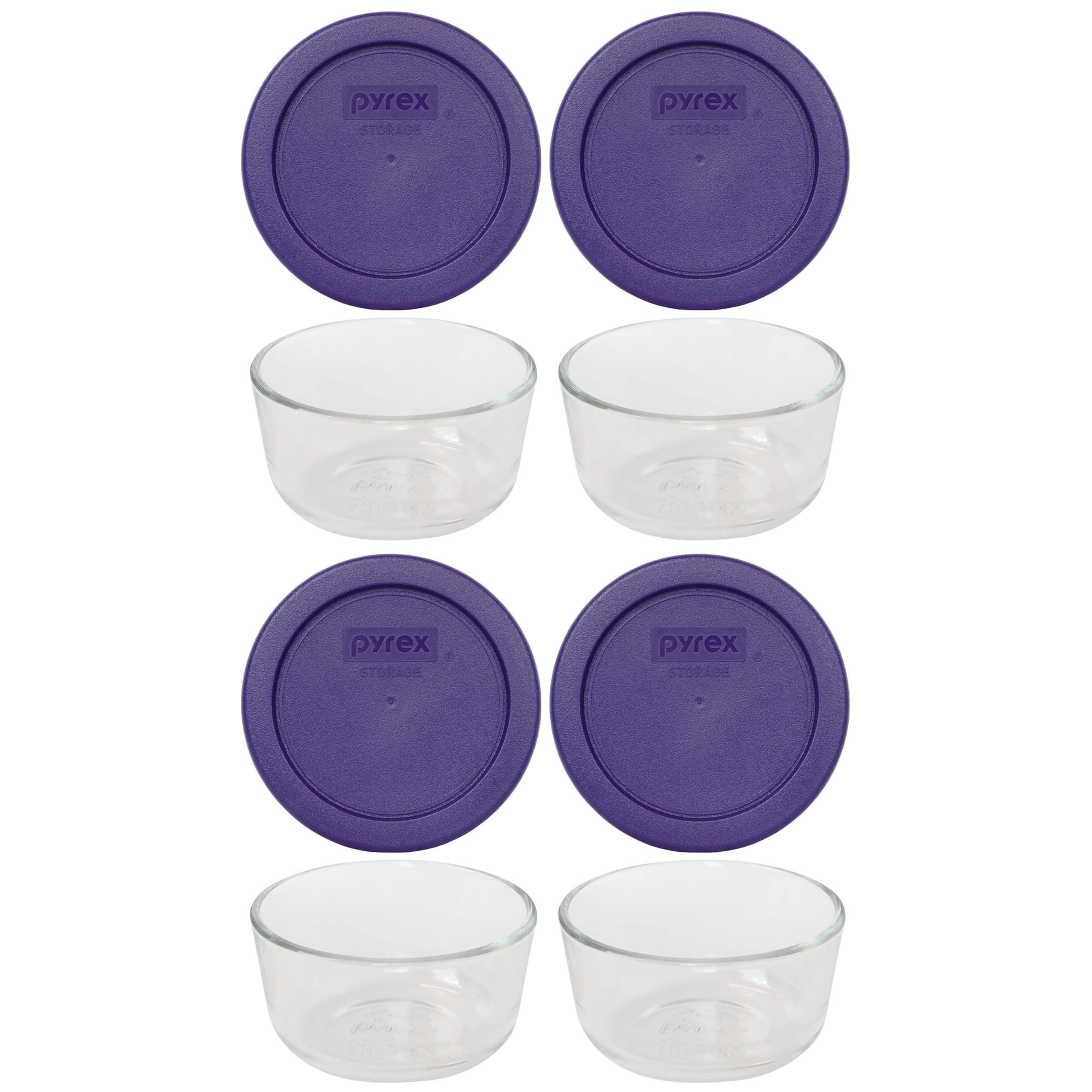 Pyrex (4 7202 Glass Bowls & (4) 7202-PC Plum Purple Lids Made in the USA