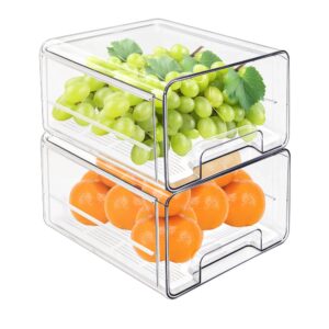youlike 2pack stackable fridge drawers pull out bins for refrigerator organizer clear food storage container set with drain for pantry kitchen cabinet office organization
