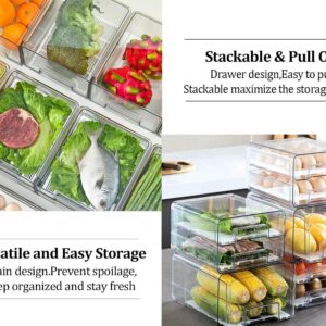 YouLike 2pack Stackable Fridge Drawers Pull Out Bins for Refrigerator Organizer Clear Food Storage Container Set With Drain for Pantry Kitchen Cabinet Office Organization