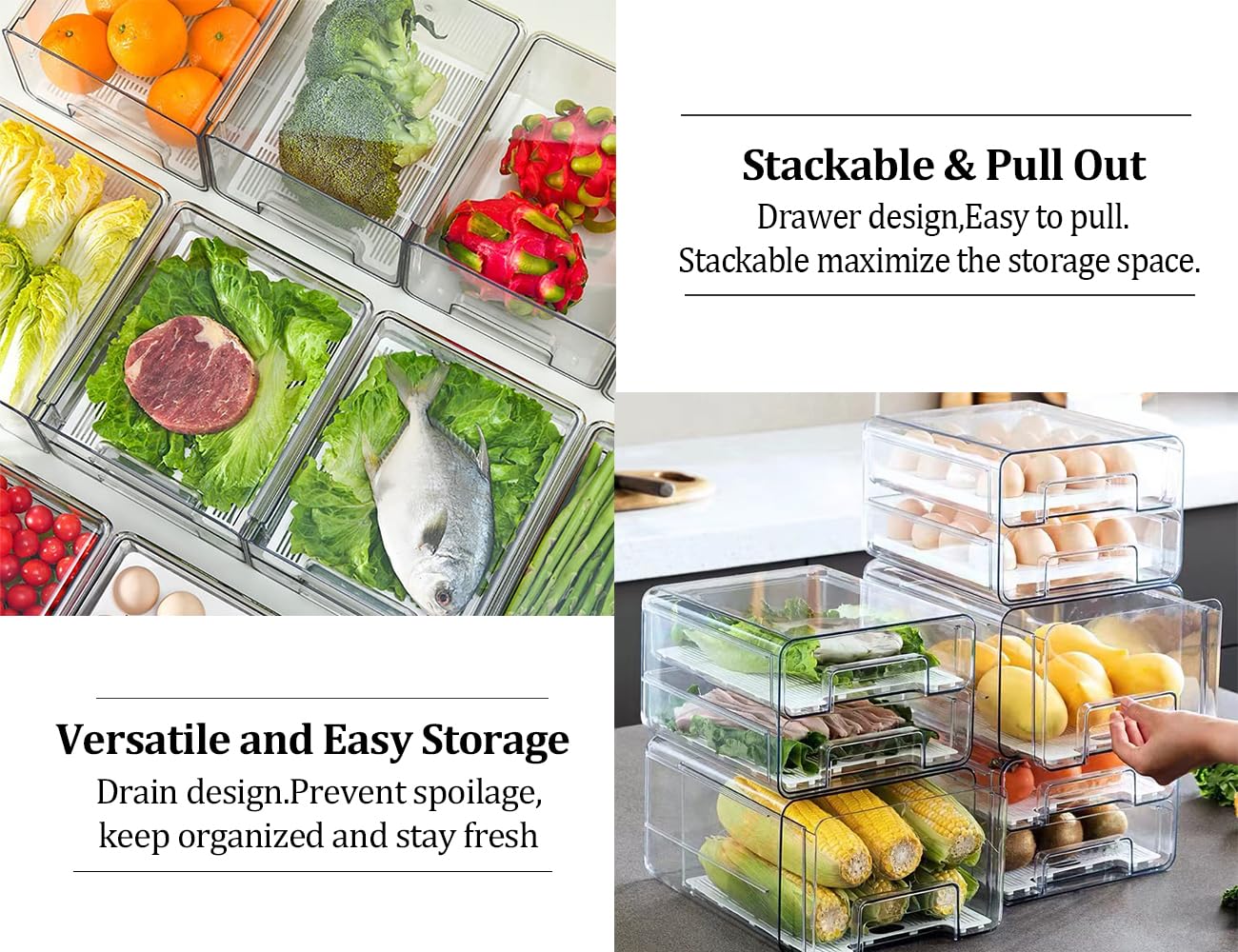 YouLike 2pack Stackable Fridge Drawers Pull Out Bins for Refrigerator Organizer Clear Food Storage Container Set With Drain for Pantry Kitchen Cabinet Office Organization