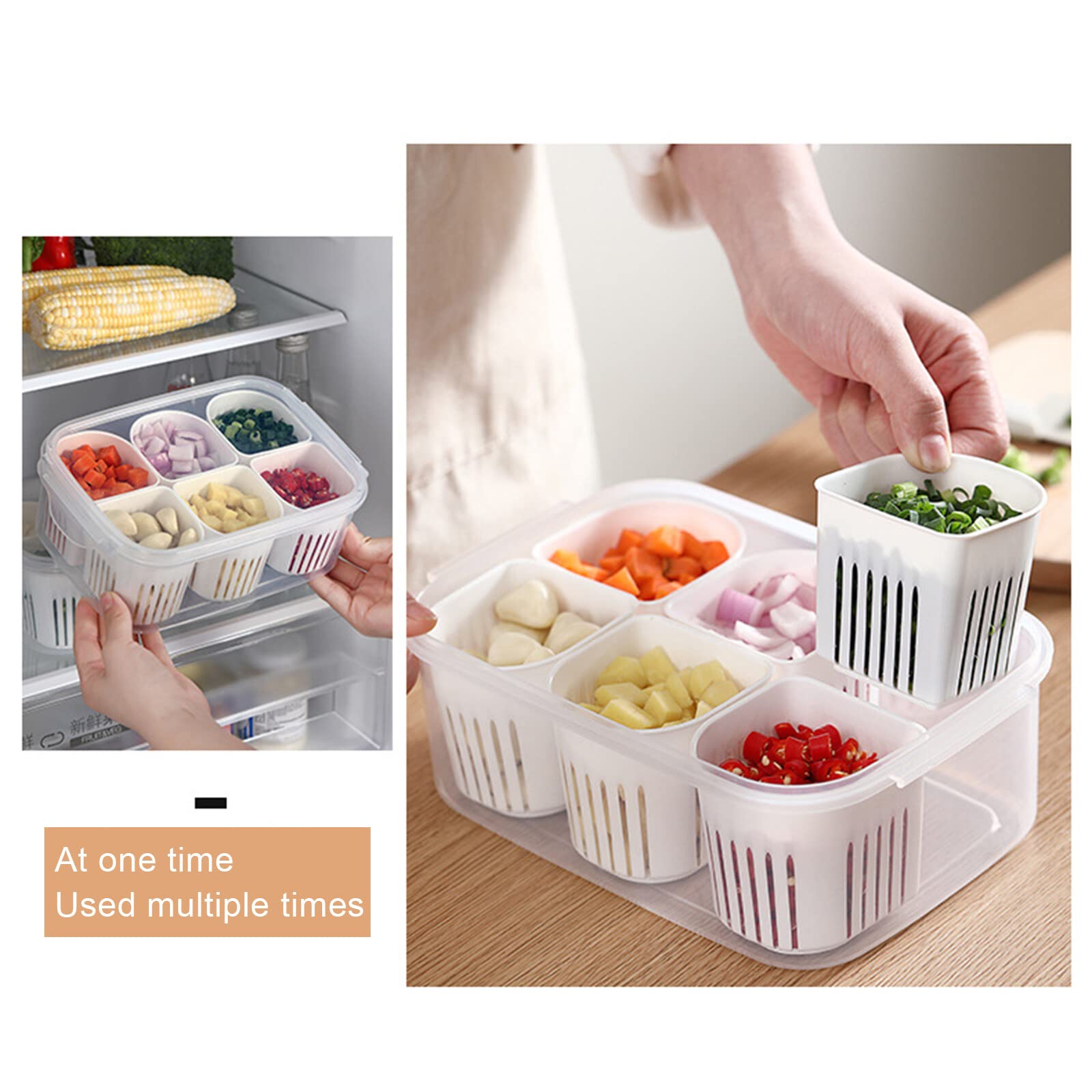 MISNODE Reusable Veggie Tray with Lid, 6-Compartment Divided Snack Box Container & Fridge Organizer, Meal Prep Spice Case, Divided Food Storage Containers, Chilled Condiment Server & Vegetable Organizer