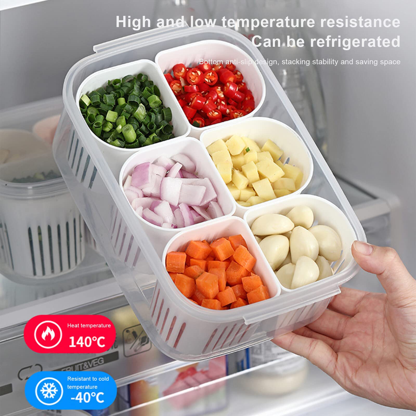 MISNODE Reusable Veggie Tray with Lid, 6-Compartment Divided Snack Box Container & Fridge Organizer, Meal Prep Spice Case, Divided Food Storage Containers, Chilled Condiment Server & Vegetable Organizer