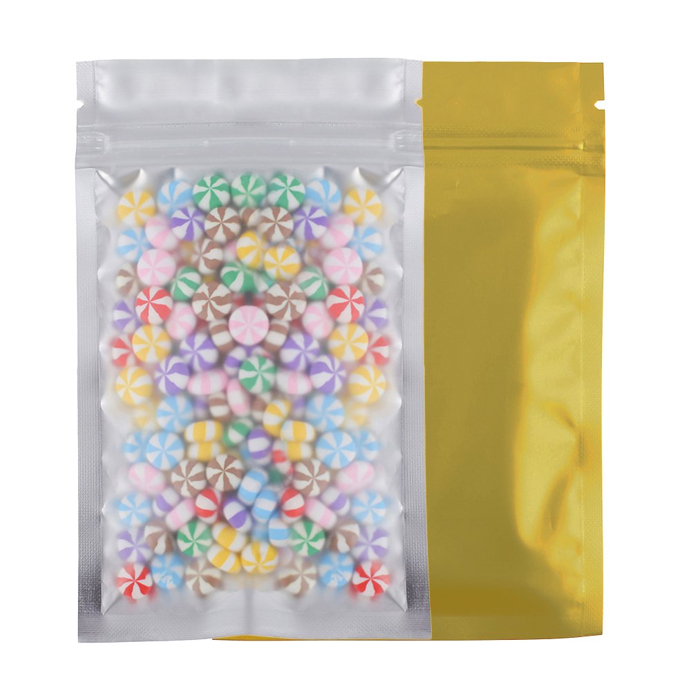 100 Assorted Translucent/Silver/Colored Flat Metallic Foil Zip Top Bags Pouch 8.5x13cm (3.3x5.1") (Gold)