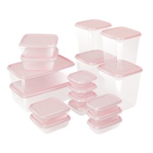 cmjlbm 17 pack plastic food storage containers with lids bpa free stackable transparent reusable airtight kitchen storage box for coarse cereals and grains (pink)