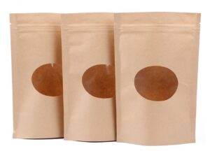 katkitchen 100pcs zip lock stand up kraft paper food storage bags pouch with round window & tear notch, 5.1"x7.4" food saver paper party gift favor wrap for candy, coffee beans nuts