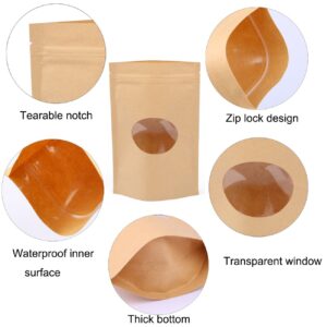 Katkitchen 100PCs Zip Lock Stand Up Kraft Paper Food Storage Bags Pouch with Round Window & Tear Notch, 5.1"x7.4" Food Saver Paper Party Gift Favor Wrap for Candy, Coffee Beans Nuts