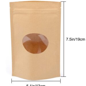 Katkitchen 100PCs Zip Lock Stand Up Kraft Paper Food Storage Bags Pouch with Round Window & Tear Notch, 5.1"x7.4" Food Saver Paper Party Gift Favor Wrap for Candy, Coffee Beans Nuts