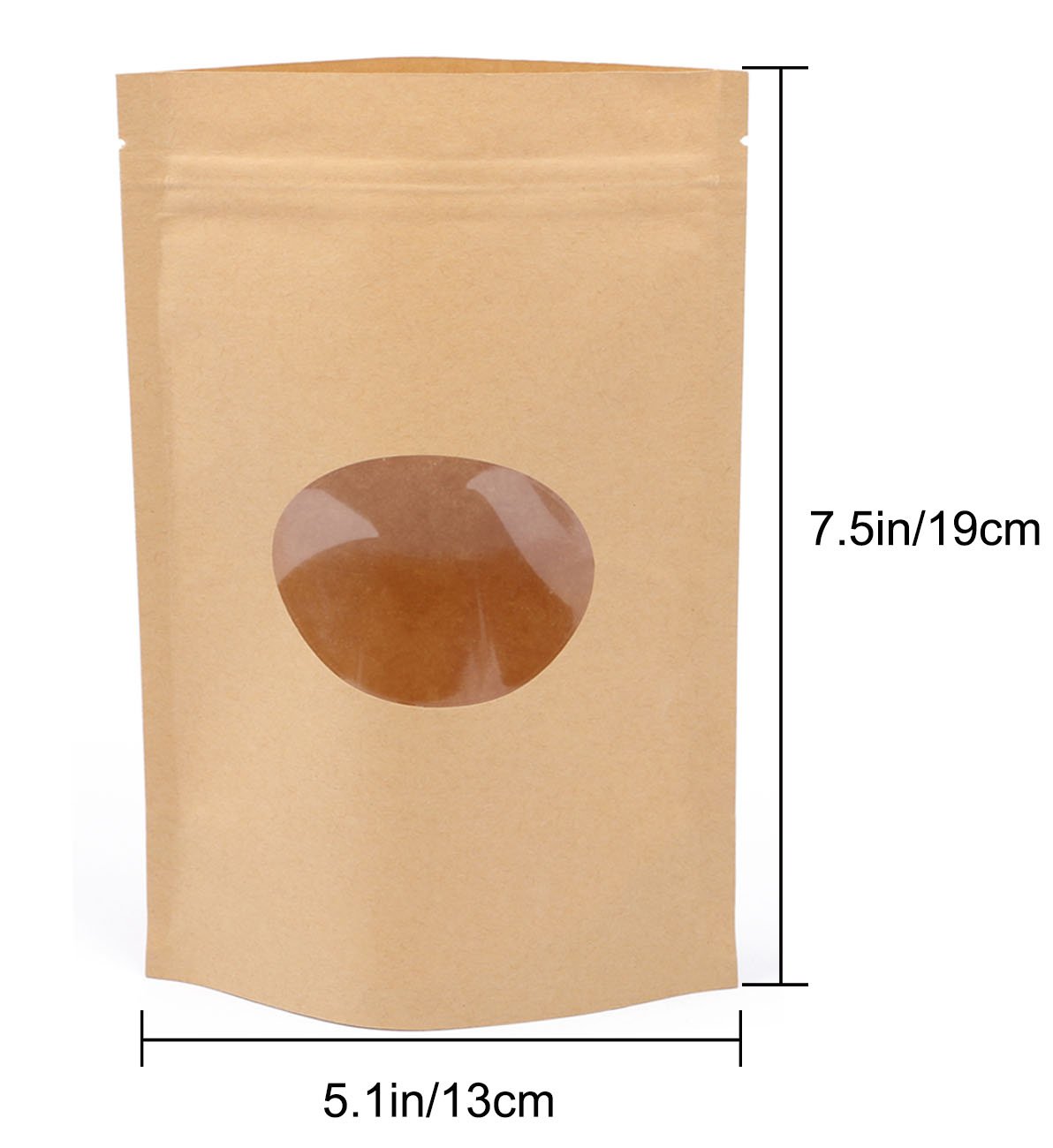 Katkitchen 100PCs Zip Lock Stand Up Kraft Paper Food Storage Bags Pouch with Round Window & Tear Notch, 5.1"x7.4" Food Saver Paper Party Gift Favor Wrap for Candy, Coffee Beans Nuts