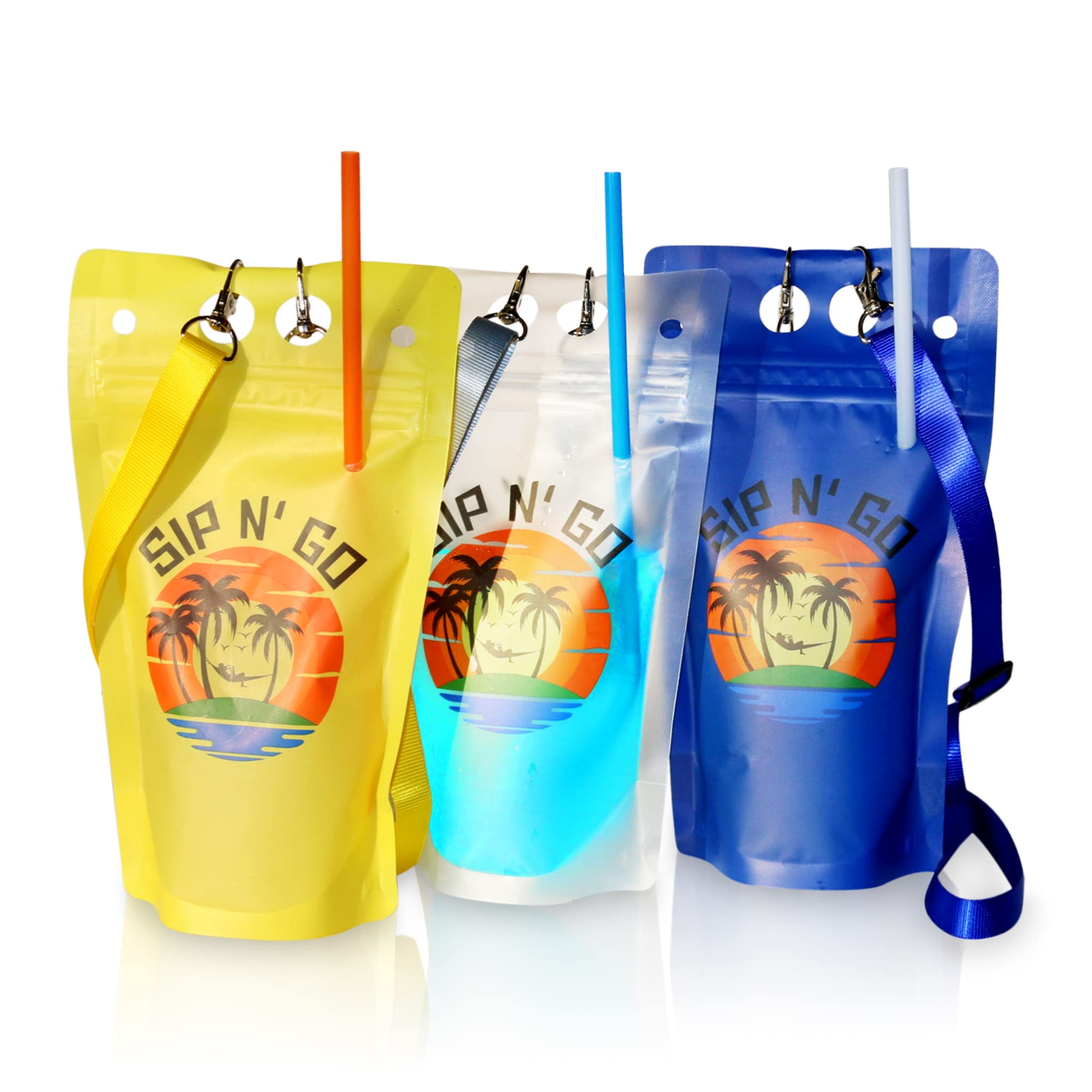 25 PCS Wearable Drink Pouches with Straw, Smoothies Bags, Heavy-Duty Stand Up Bags with Lanyard, Resealable and Reusable Pouches for Adults and Kids, Funnel Included (Blue)