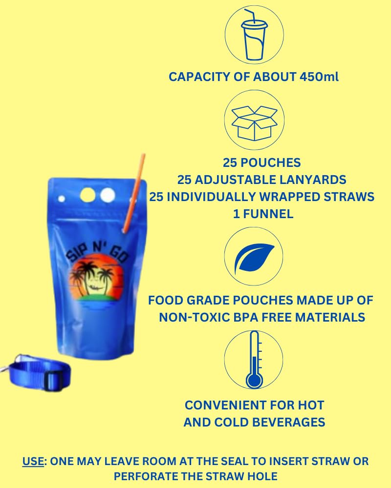 25 PCS Wearable Drink Pouches with Straw, Smoothies Bags, Heavy-Duty Stand Up Bags with Lanyard, Resealable and Reusable Pouches for Adults and Kids, Funnel Included (Blue)