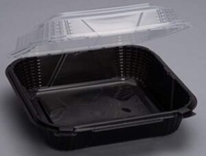 genpak pv240 | polypropylene medium 8" black base, clear lid hinged take-out container | recyclable, reusable, microwave safe | bpa free & made in the usa | 8" x 8" x 3", case count 150