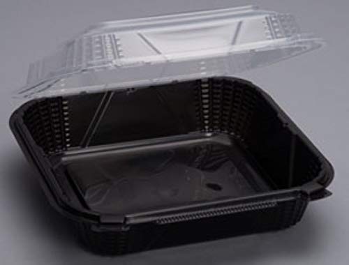 Genpak PV240 | Polypropylene Medium 8" Black Base, Clear Lid Hinged Take-Out Container | Recyclable, Reusable, Microwave Safe | BPA Free & Made in the USA | 8" x 8" x 3", Case Count 150