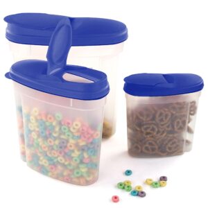 imperial home cereal dispenser 3 piece set, airtight plastic food storage containers with lids, pantry organization for cereal, flour, sugar, any snack, keeps food dry & fresh, clear with blue lids