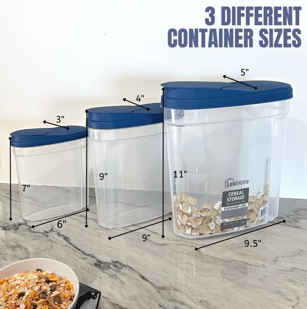 Imperial Home Cereal Dispenser 3 Piece Set, Airtight Plastic Food Storage Containers with Lids, Pantry Organization for Cereal, Flour, Sugar, Any Snack, Keeps Food Dry & Fresh, Clear with Blue Lids