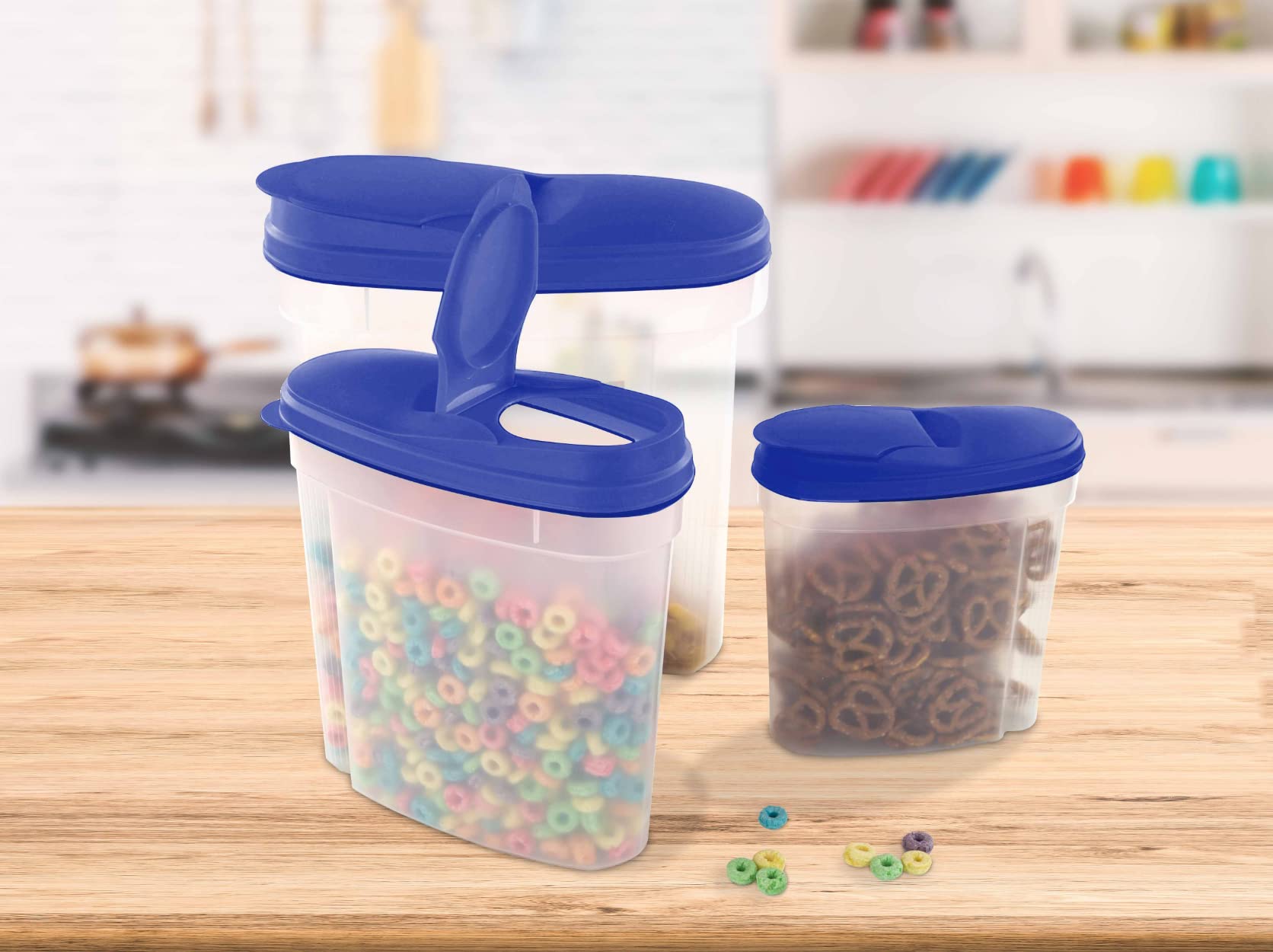 Imperial Home Cereal Dispenser 3 Piece Set, Airtight Plastic Food Storage Containers with Lids, Pantry Organization for Cereal, Flour, Sugar, Any Snack, Keeps Food Dry & Fresh, Clear with Blue Lids