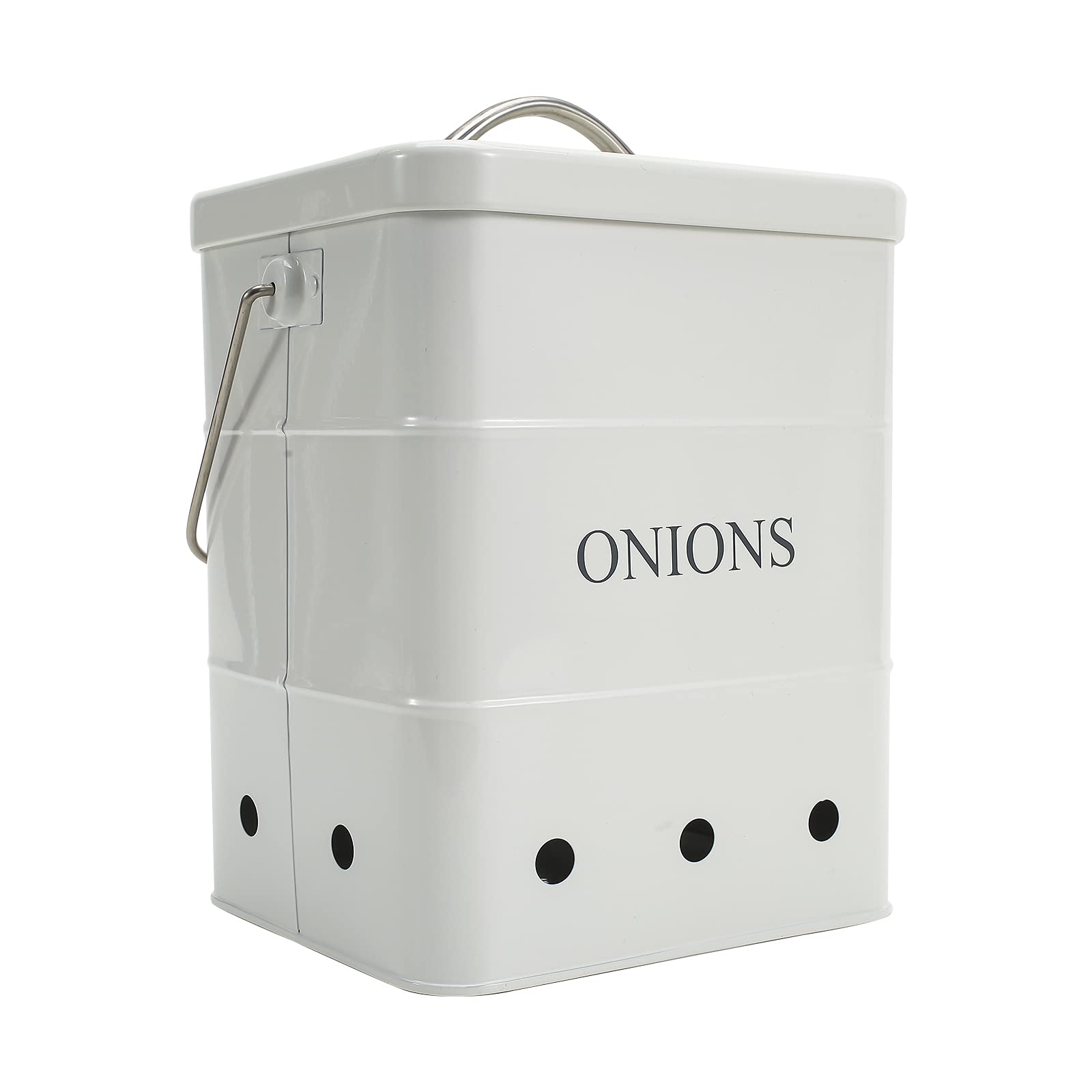 Xbopetda Onion Storage Bin, Metal Storage Tin for Onion, Kitchen Storage Canister with Aerating Tin Storage Holes - Kitchen Pantry Organizer Tin Vegetable Fresh Keeper (White)