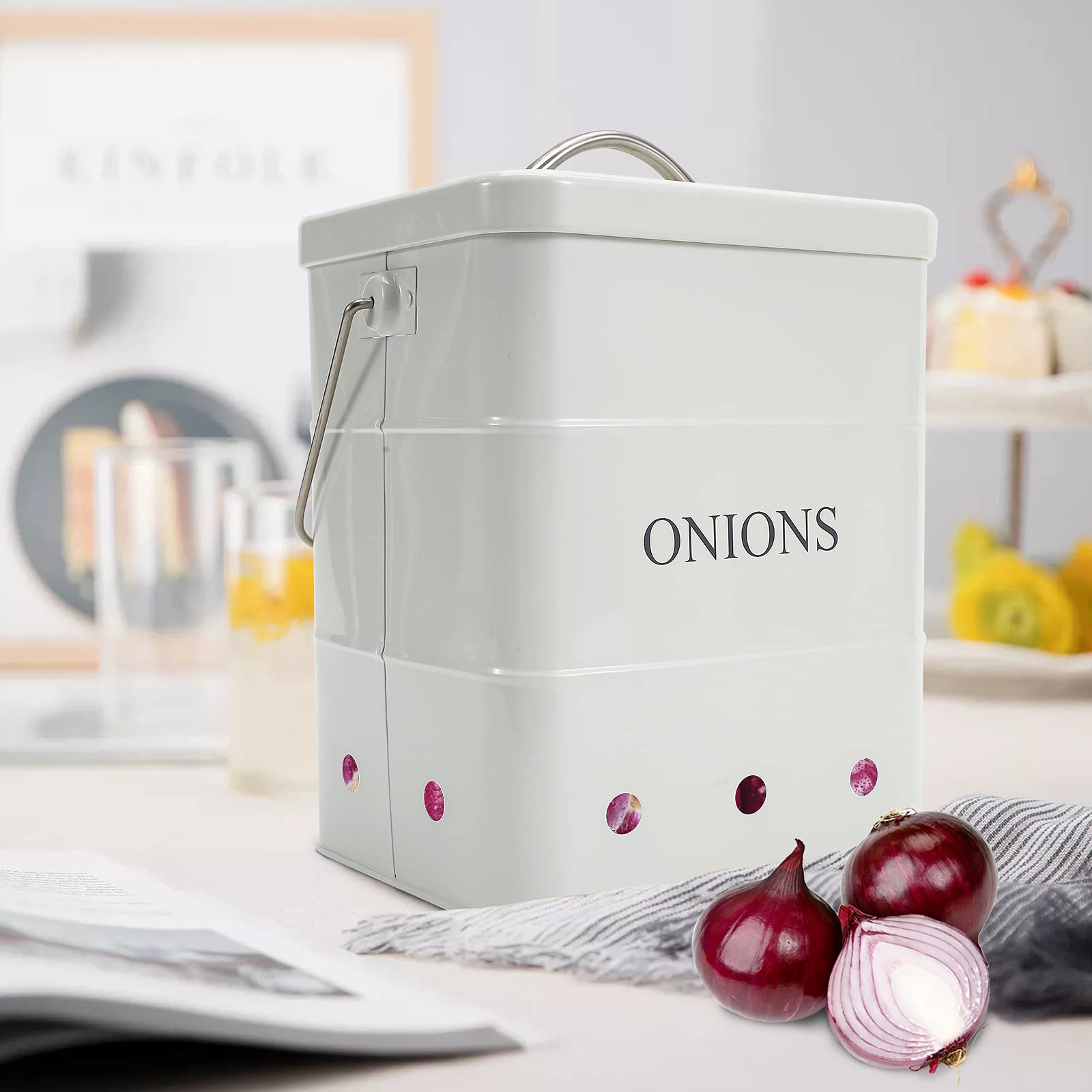 Xbopetda Onion Storage Bin, Metal Storage Tin for Onion, Kitchen Storage Canister with Aerating Tin Storage Holes - Kitchen Pantry Organizer Tin Vegetable Fresh Keeper (White)