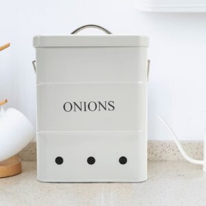 Xbopetda Onion Storage Bin, Metal Storage Tin for Onion, Kitchen Storage Canister with Aerating Tin Storage Holes - Kitchen Pantry Organizer Tin Vegetable Fresh Keeper (White)