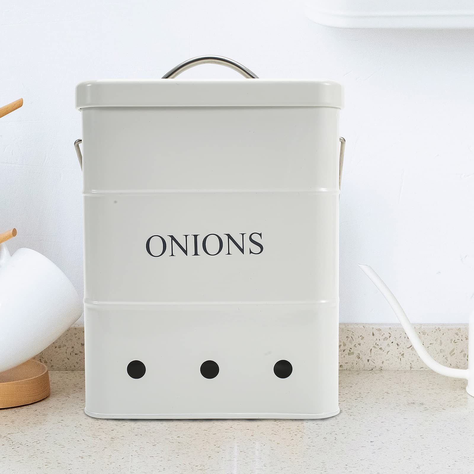 Xbopetda Onion Storage Bin, Metal Storage Tin for Onion, Kitchen Storage Canister with Aerating Tin Storage Holes - Kitchen Pantry Organizer Tin Vegetable Fresh Keeper (White)