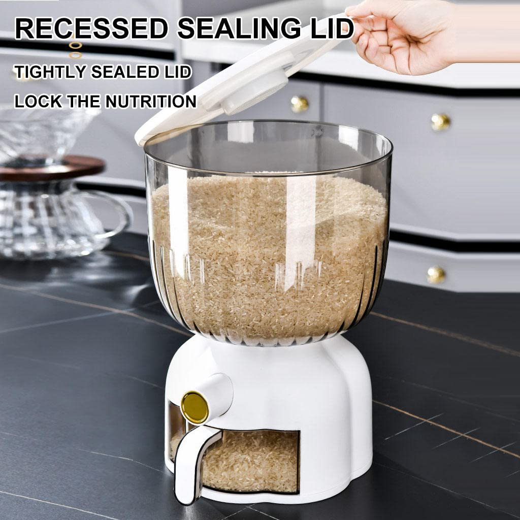 FEMUN Cereal Dispenser, Rice Dispenser, one-Touch Press Dry Food Dispenser, Household Transparent Rice Bucket, Kitchen Sealed Storage Container, Rice Storage Box for Cereals, Rice (10kg)