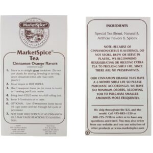 Market Spice Cinnamon Orange Loose Leaf Tea, 8 oz. Package With Brewing And Storage Instructions. (Cinnamon-Orange 8 oz.)