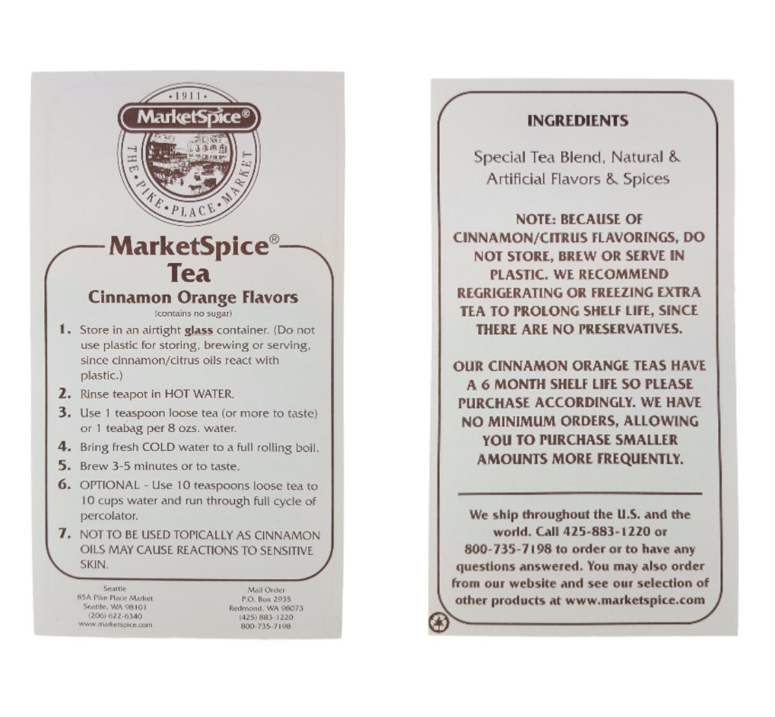 Market Spice Cinnamon Orange Loose Leaf Tea, 8 oz. Package With Brewing And Storage Instructions. (Cinnamon-Orange 8 oz.)