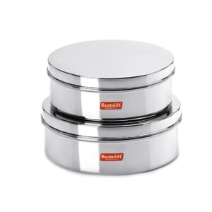sumeet stainless steel flat canisters/puri dabba/storage containers set of 2pcs (1.5ltr,2.1ltr)