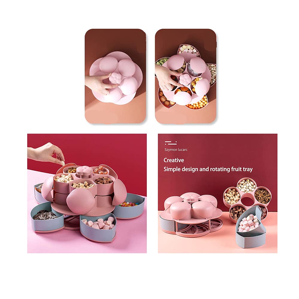Ygapuzi Double Deck Snack Box Flower Shaped Rotating Candy Serving Containers, 10 Grid Creative Snacks Storage Tray for Dried Fruit, Nuts, Chips, Olives (New Pink)
