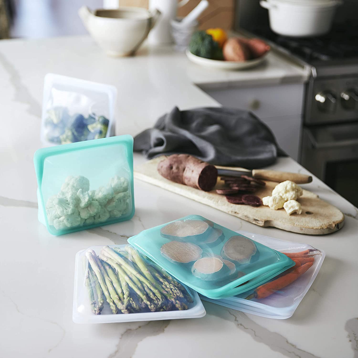 Stasher Reusable Silicone Storage Bags, Food Storage Containers, Microwave and Dishwasher Safe, Leak-free (Mini, Aqua) and (Sandwich, Aqua)