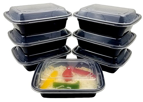 PACTOGO 12 oz. Rectangular Microwaveable Black Plastic Disposable Food Storage Container with Lids - BPA Free (Pack of 25 Sets)