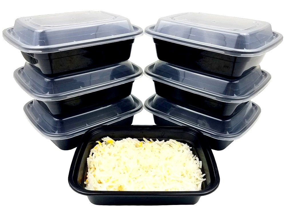 PACTOGO 12 oz. Rectangular Microwaveable Black Plastic Disposable Food Storage Container with Lids - BPA Free (Pack of 25 Sets)