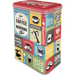 nostalgic-art retro coffee tin box, 44 oz, coffee collage – gift idea for coffee lovers, metal clip top can, decorative vintage design