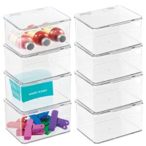 mdesign plastic kitchen pantry and fridge storage organizer box containers with hinged lid for shelves or cabinets, holds food, snacks, canned drinks, seasoning, condiments, or utensils, 8 pack, clear