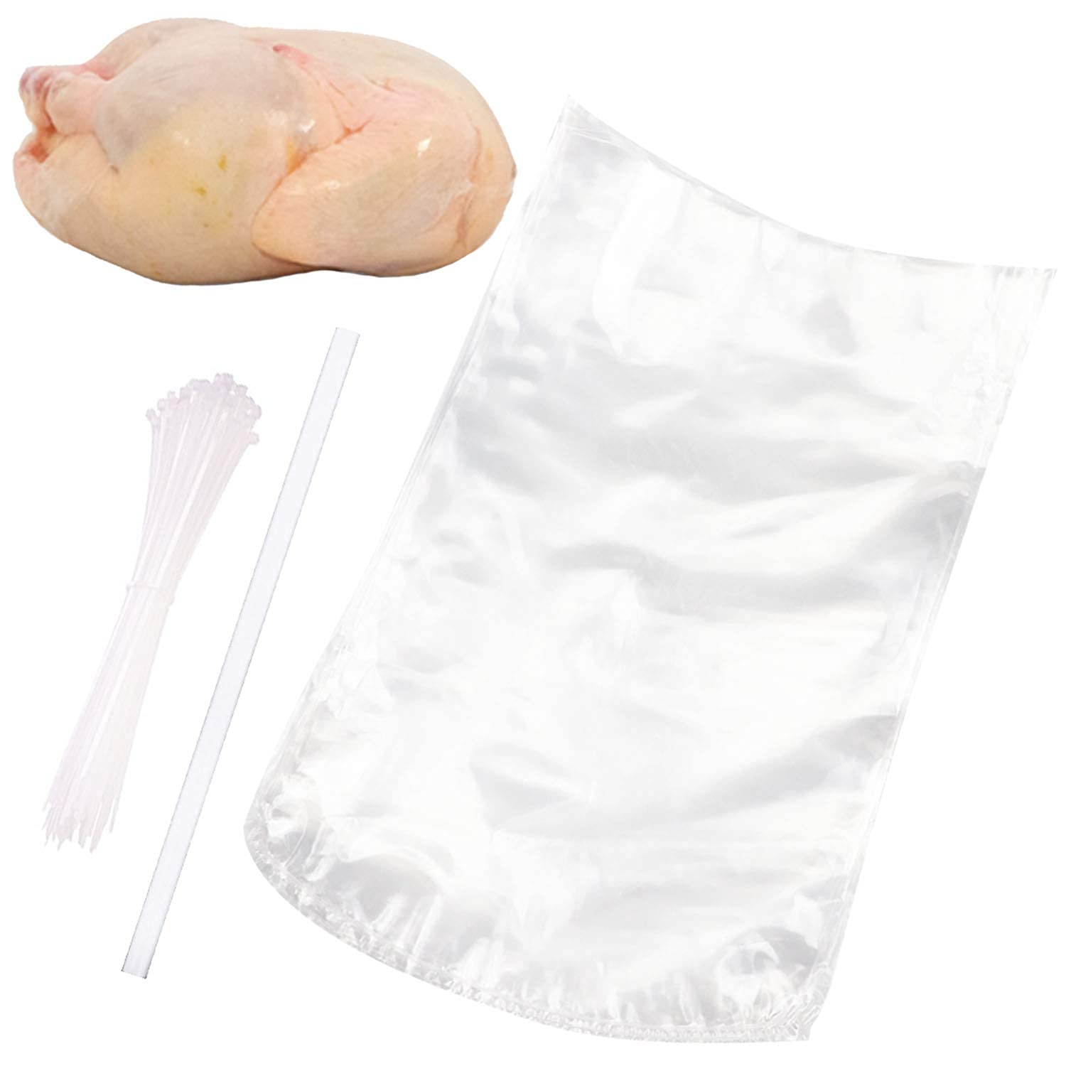 Poultry Shrink Bags,50 pcs Clear 10" x 16" and 50 pcs 14" x 23" Poultry Heat Shrink Bags BPA Free Freezer with 100 Zip Ties, 2 Silicone Straws for Turkey,Chickens,Rabbits