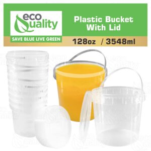 1 Gallon (128 oz) Clear Plastic Bucket with Lid and Handle (60 Pack), Ice Cream Tub with Lids - Food Grade Freezer and Microwave Safe Food Storage Containers, Round Plastic Pail Container, BPA Free