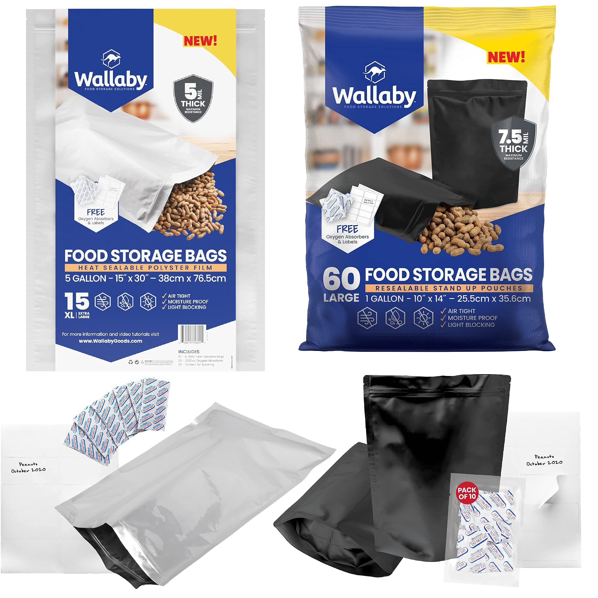 15x Silver 5 Gallon Wallaby Mylar Bag - (5 Mil) + 60 Black Mylar Bag Bundle - 1 Gallon Stand-Up Zipper Pouches - (7.5 Mil-10’’x14’’), Oxygen Absorbers, Labels - Resealable Zipper, Heat Seal, FDA Grade