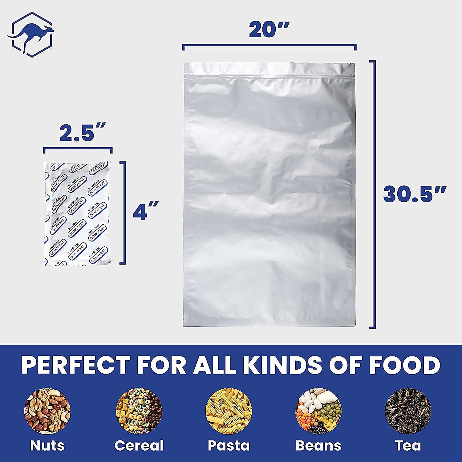 15x Silver 5 Gallon Wallaby Mylar Bag - (5 Mil) + 60 Black Mylar Bag Bundle - 1 Gallon Stand-Up Zipper Pouches - (7.5 Mil-10’’x14’’), Oxygen Absorbers, Labels - Resealable Zipper, Heat Seal, FDA Grade