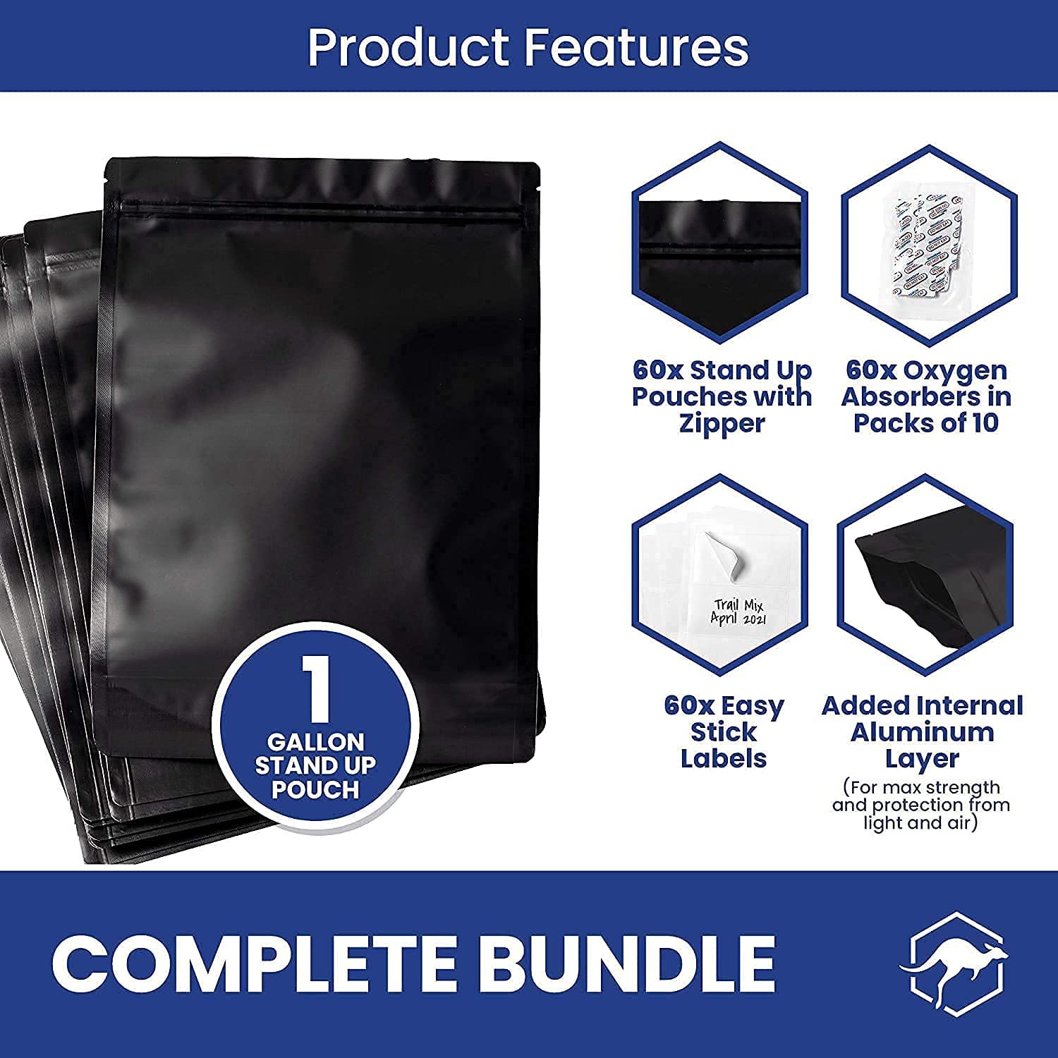 15x Silver 5 Gallon Wallaby Mylar Bag - (5 Mil) + 60 Black Mylar Bag Bundle - 1 Gallon Stand-Up Zipper Pouches - (7.5 Mil-10’’x14’’), Oxygen Absorbers, Labels - Resealable Zipper, Heat Seal, FDA Grade