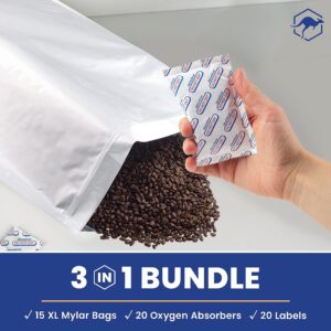 15x Silver 5 Gallon Wallaby Mylar Bag - (5 Mil) + 60 Black Mylar Bag Bundle - 1 Gallon Stand-Up Zipper Pouches - (7.5 Mil-10’’x14’’), Oxygen Absorbers, Labels - Resealable Zipper, Heat Seal, FDA Grade