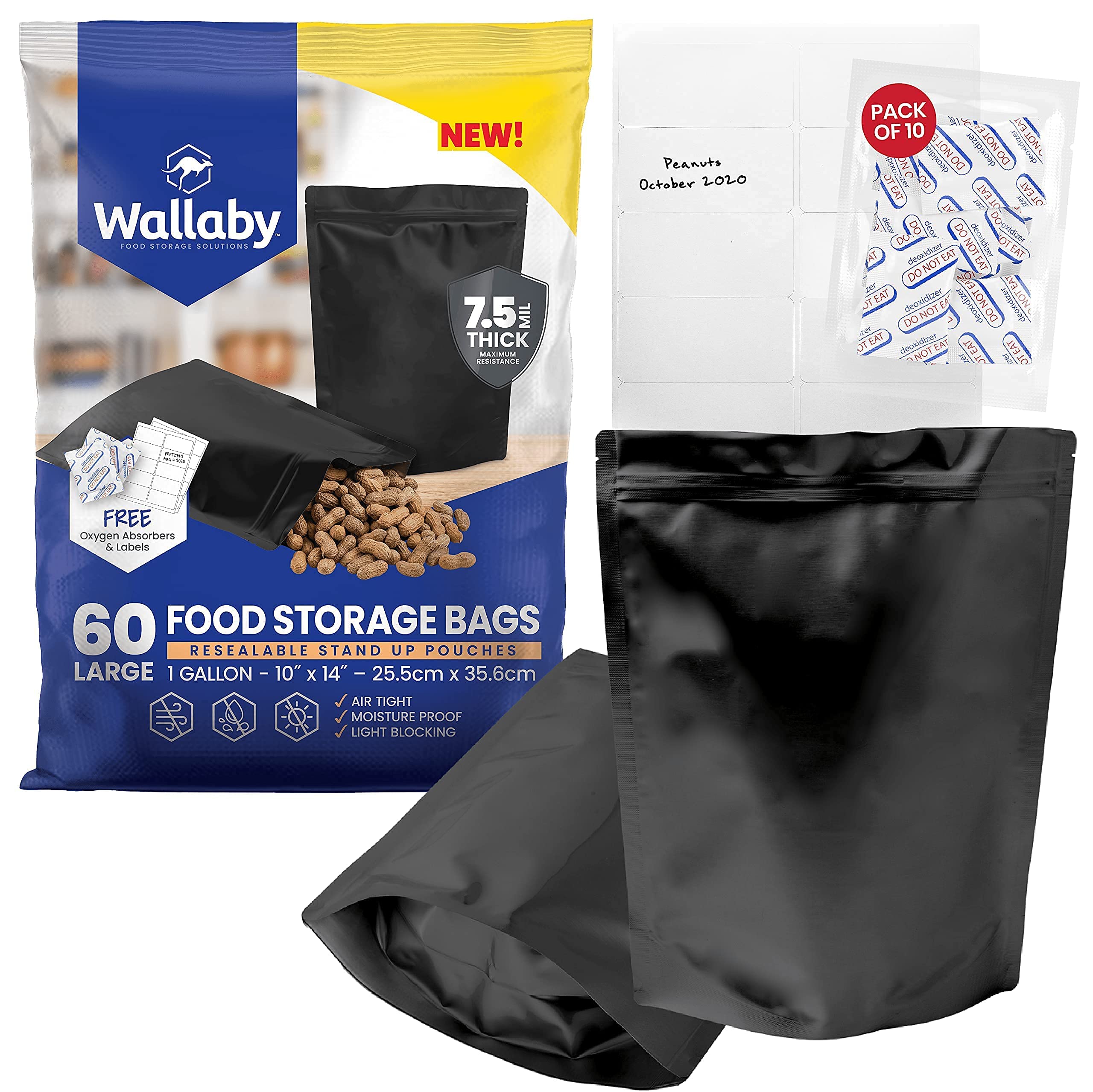 15x Silver 5 Gallon Wallaby Mylar Bag - (5 Mil) + 60 Black Mylar Bag Bundle - 1 Gallon Stand-Up Zipper Pouches - (7.5 Mil-10’’x14’’), Oxygen Absorbers, Labels - Resealable Zipper, Heat Seal, FDA Grade