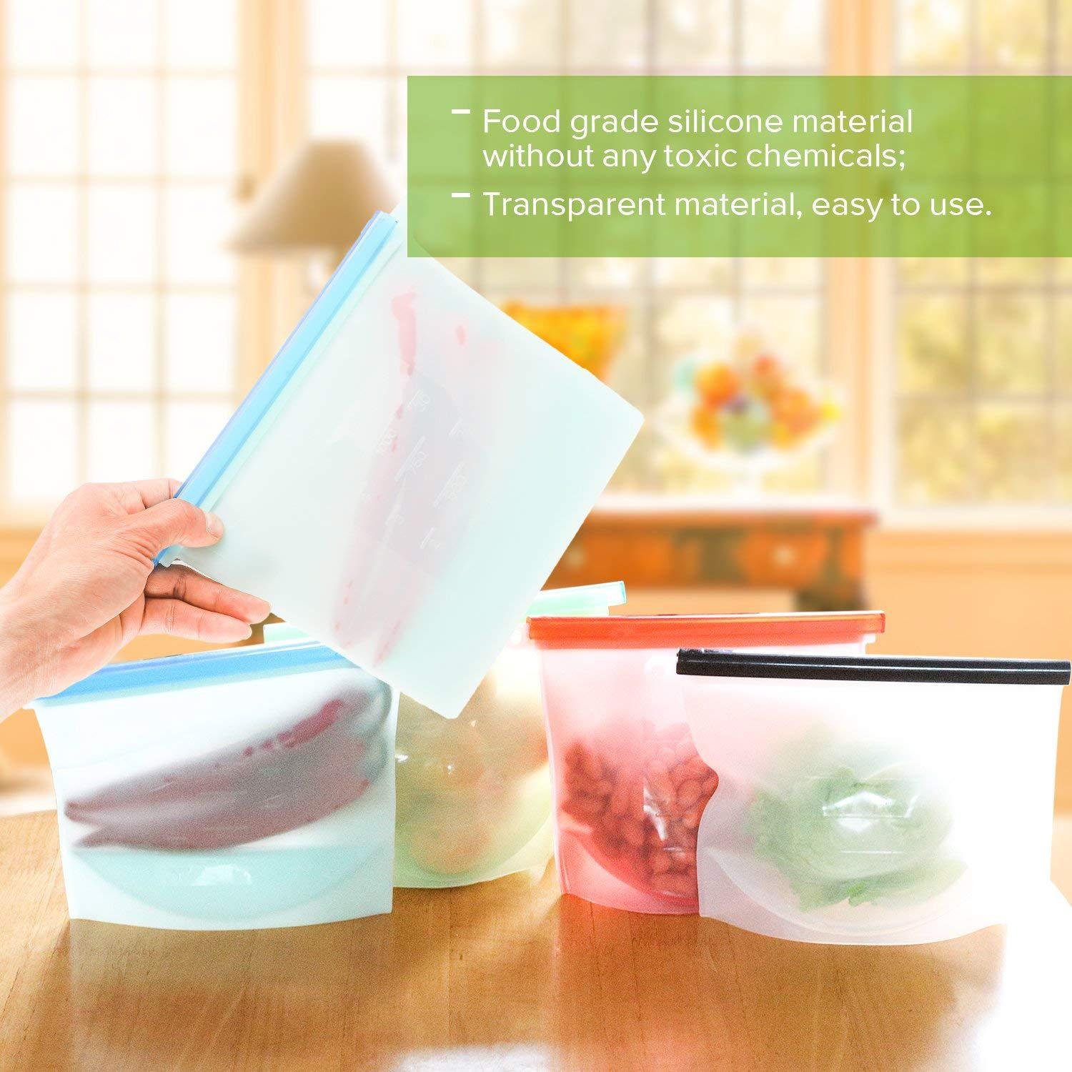 WeTest Silicone Reusable Food Bag for Sandwich,Fruit,Meat,Juice,Lunch,Snack Storage,Food Grade,Microwave Dishwasher Freezer Safe,Leakproof,1 Litre,4-Pack(Pink,Green,Blue,White) (Silicone Food Bag)