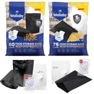75 wallaby mylar bags - 1 gallon - black (5 mil - 10’’x14’’) + 60 stand up mylar bags (7.5 mil-10’’x14’’) bundle with oxygen absorbers and labels - heat sealable, fda grade