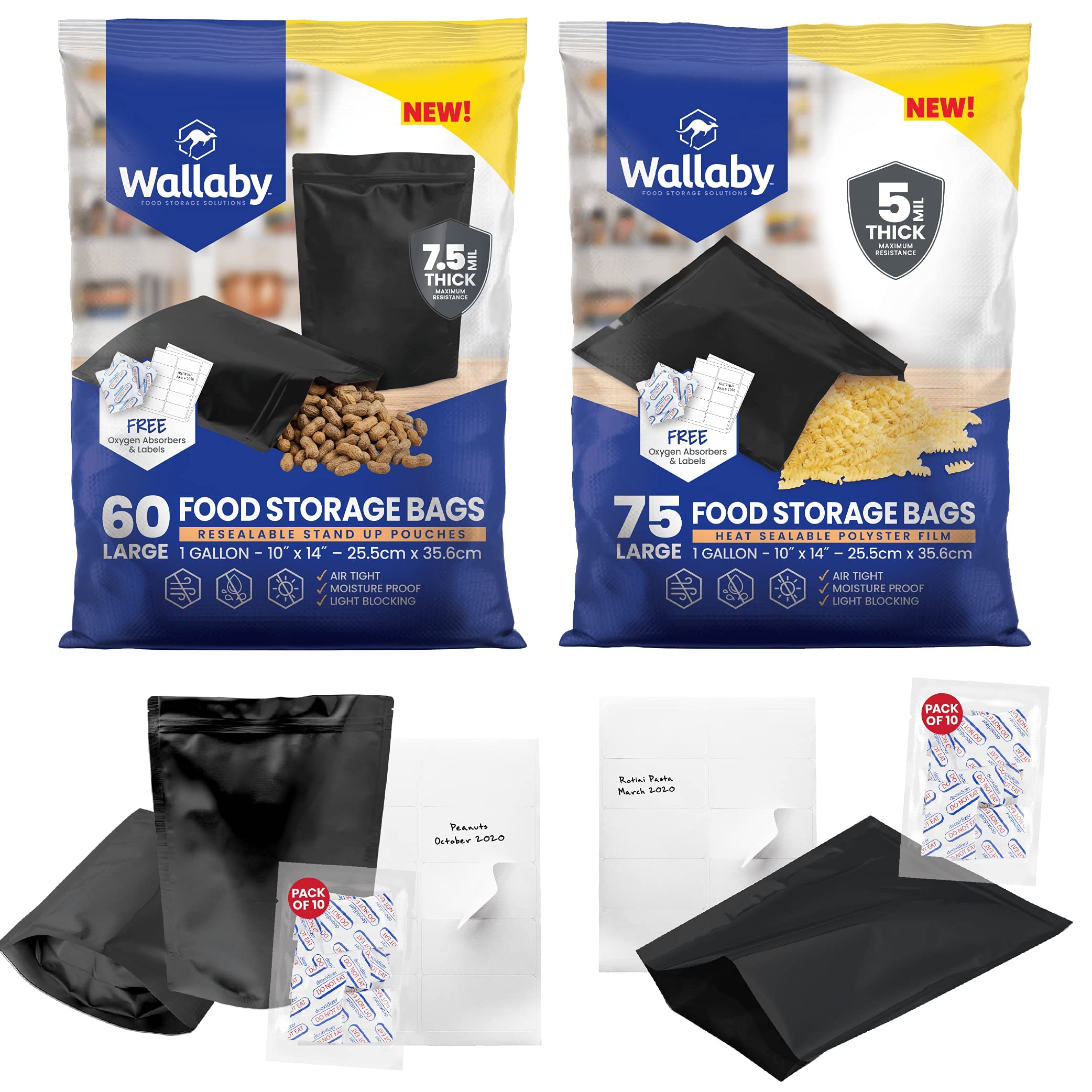 75 Wallaby Mylar Bags - 1 Gallon - Black (5 Mil - 10’’x14’’) + 60 Stand Up Mylar Bags (7.5 Mil-10’’x14’’) Bundle with Oxygen Absorbers and Labels - Heat Sealable, FDA Grade