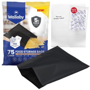 75 Wallaby Mylar Bags - 1 Gallon - Black (5 Mil - 10’’x14’’) + 60 Stand Up Mylar Bags (7.5 Mil-10’’x14’’) Bundle with Oxygen Absorbers and Labels - Heat Sealable, FDA Grade