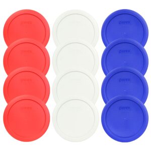 pyrex 7201-pc 4 cup (4) red (4) white (4) cobalt blue round plastic lids - 12 pack made in the usa