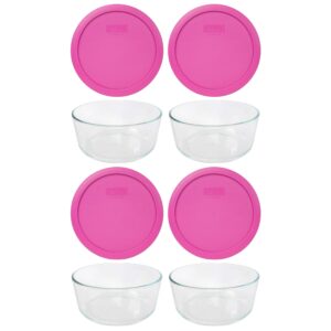 pyrex (4) 7203 7-cup glass bowls & (4) 7402-pc 7-cup pink lids - made in the usa